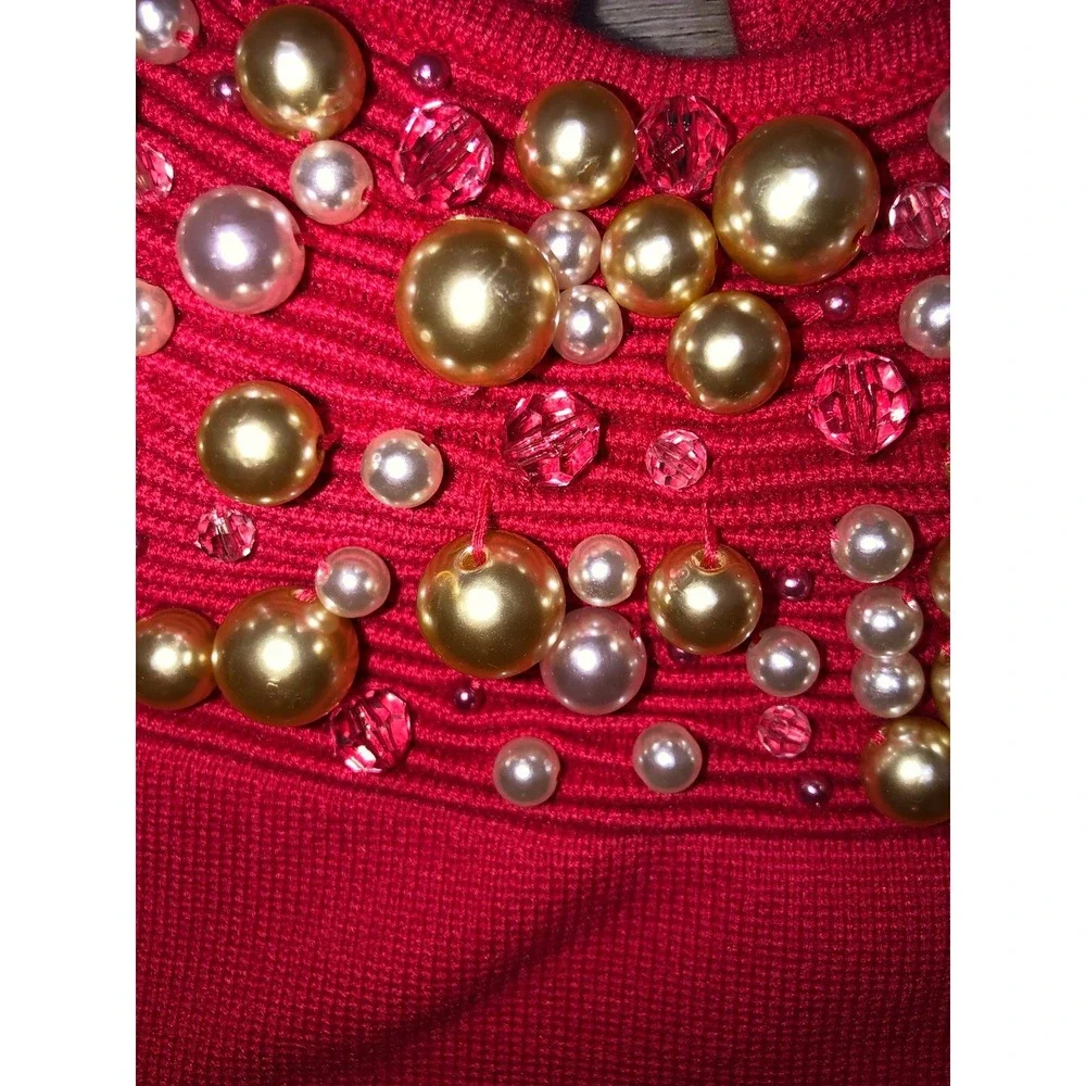 MOTH‎ Anthropologie M Red Coral Pearl Dangle Beaded Knit Top Brienne